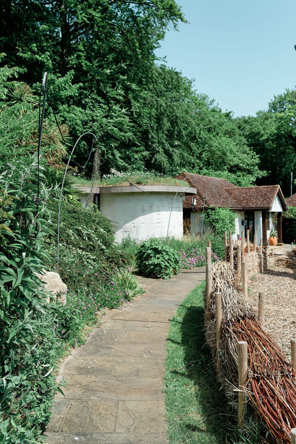 Stone pathway leading through lush garden to a round white building and rustic cottage surrounded by green trees.