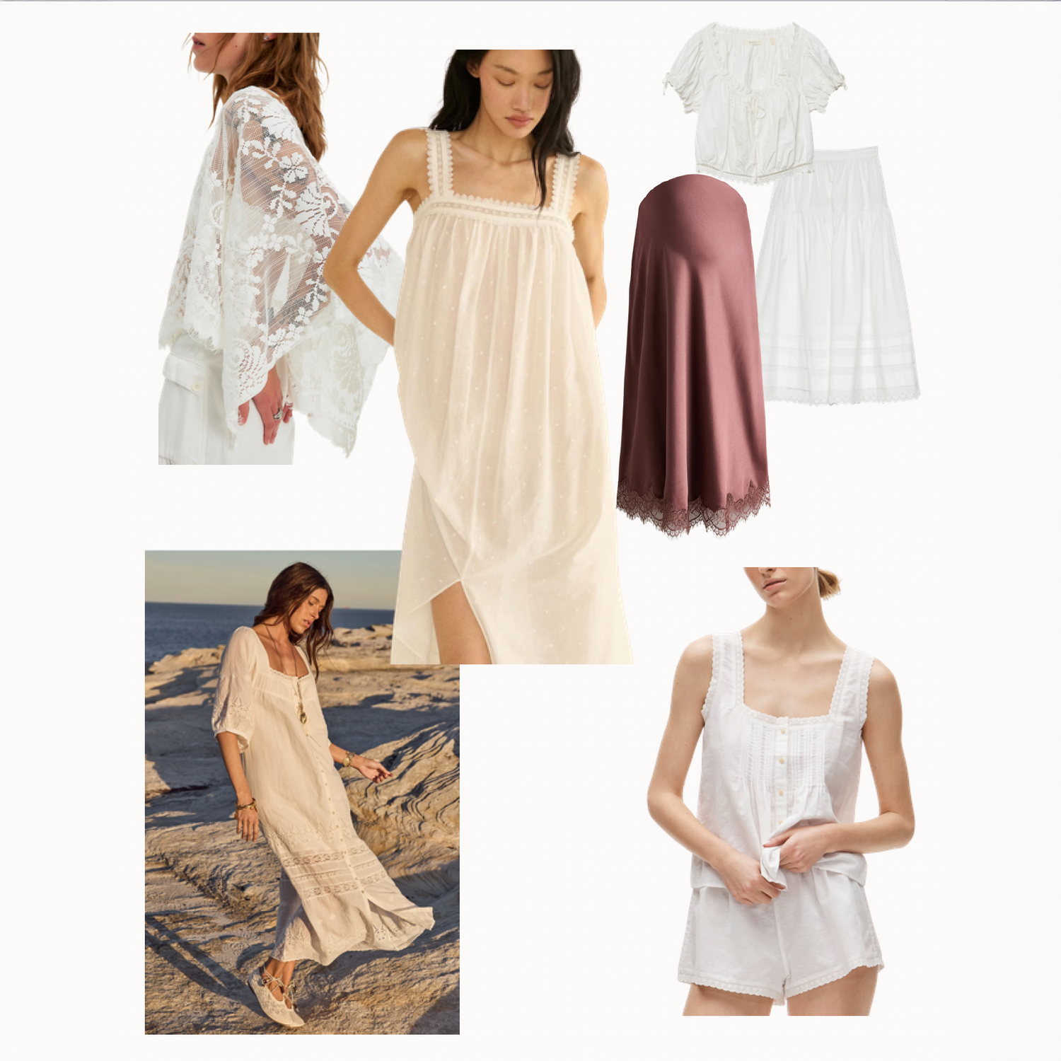 Neutral family outfit collection featuring floral dress, navy sweater, maxi dress, cream jacket, and coordinating separates.