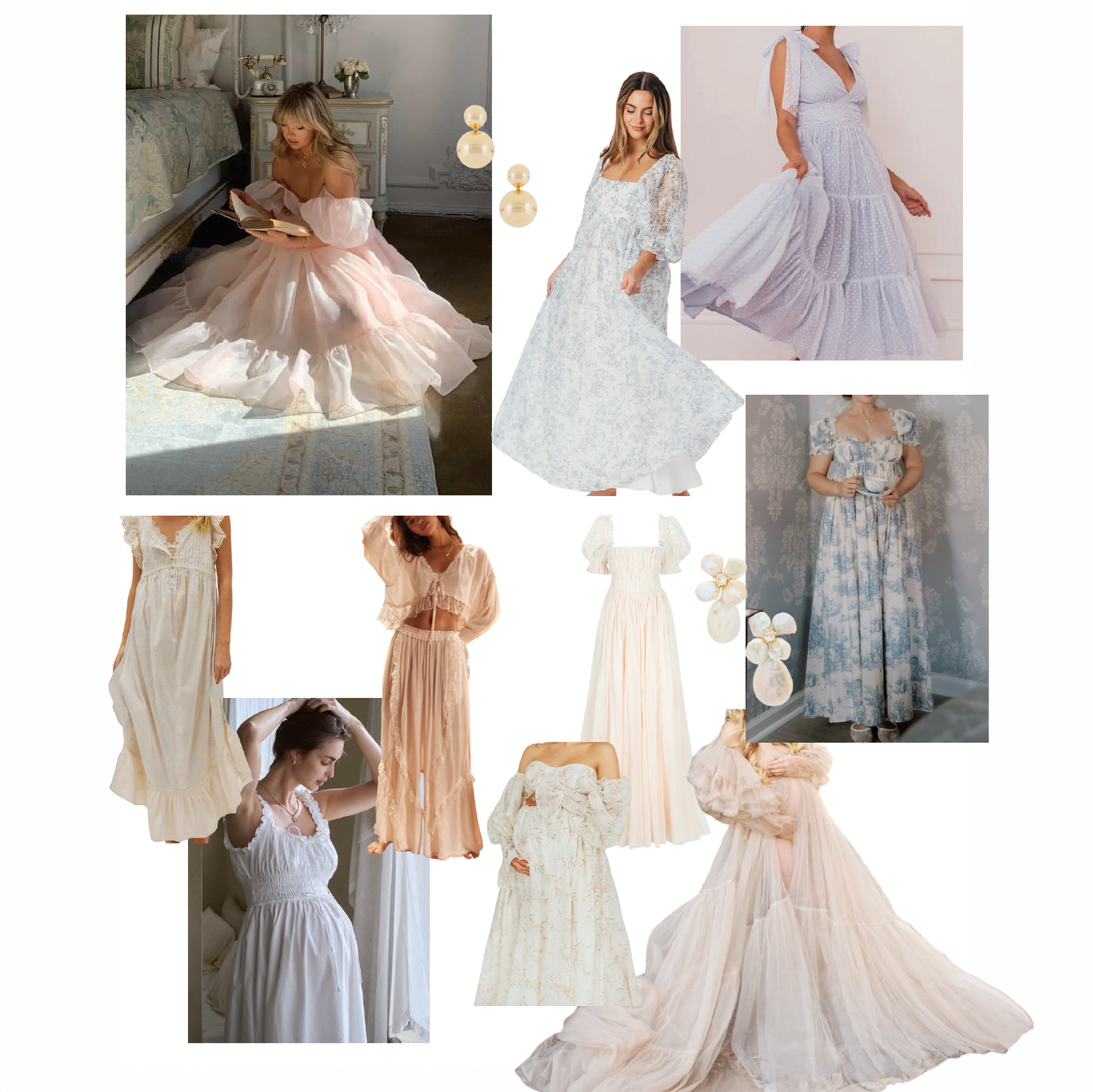 Collage of romantic feminine maxi dresses in soft pastel hues including blush pink, white, lavender, and floral prints.