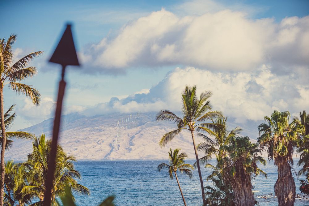 Hawaiian torch post and palm trees frame a volcanic island across the ocean under dramatic clouds.