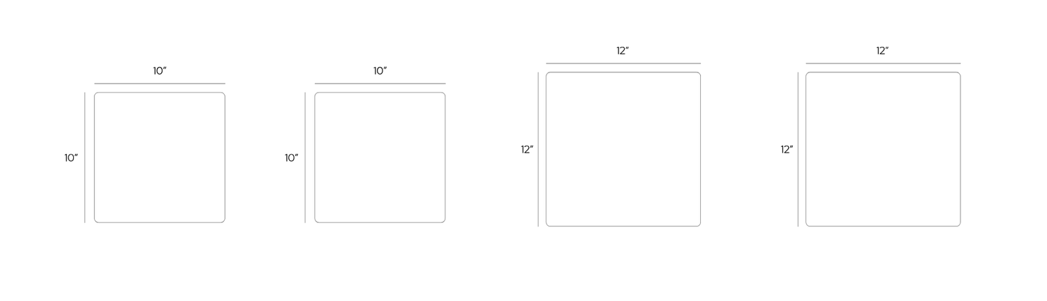 Four square frame size options displayed in a row, showing different dimensions with labeled measurements on white background.