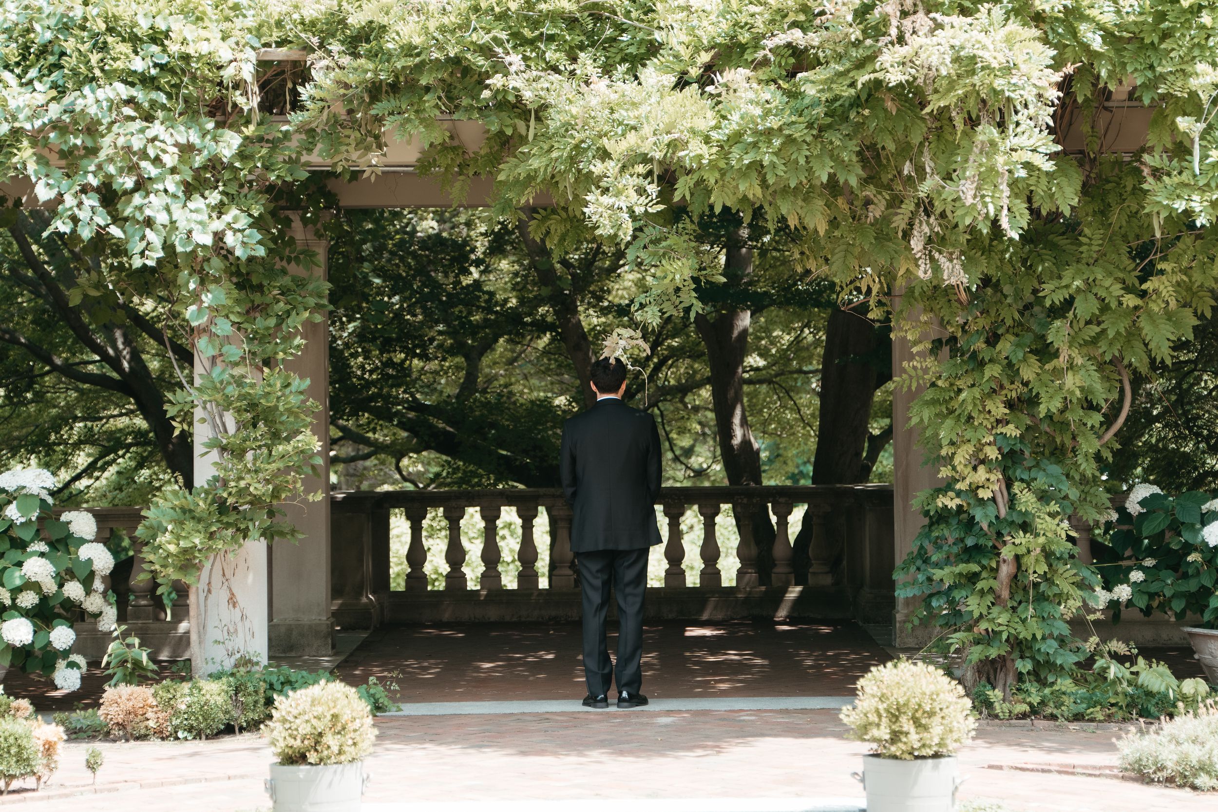 Groom in black tuxedo stands alone under lush green pergola awaiting first look at elegant outdoor wedding venue.