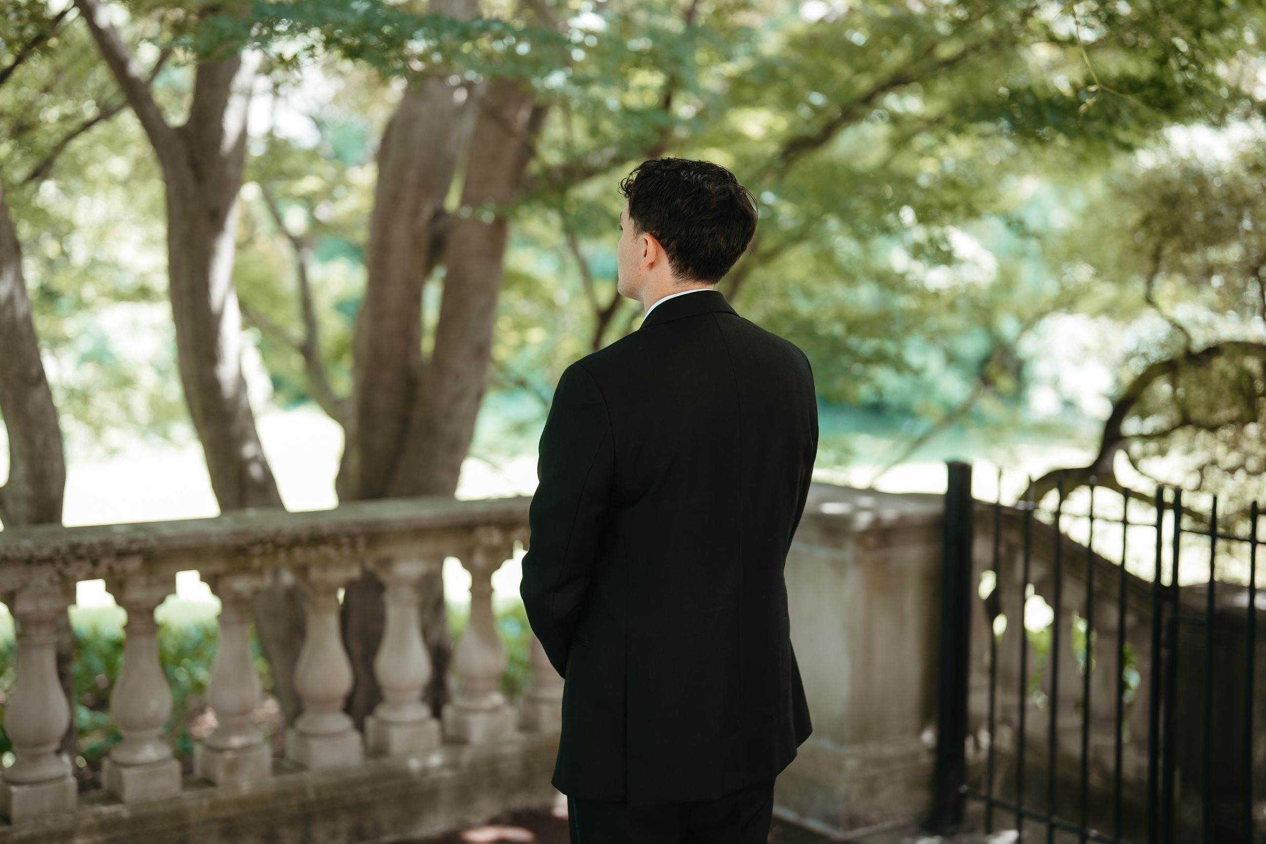 A man in a black suit stands with his back turned, gazing at lush green trees beyond a stone balustrade.