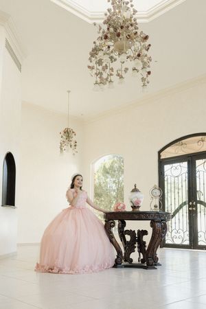Elegant pink ballgown photographed in a bright white room with chandelier and arched doorways.