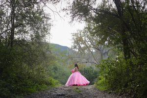 A pink ballgown creates a dramatic silhouette against a natural outdoor landscape.
