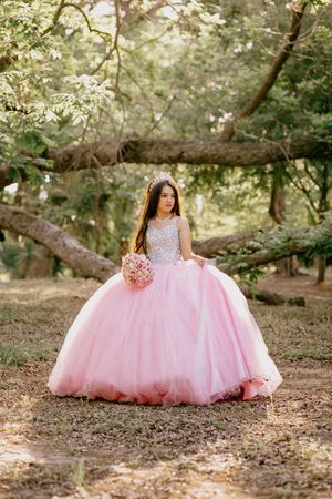 A pink ballgown with crystal embellishments photographed in a dreamy woodland setting.