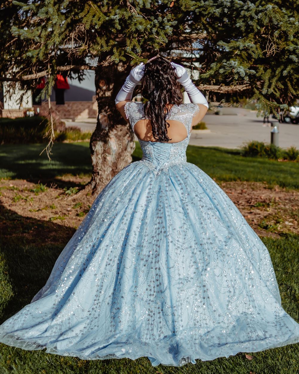 Light blue sequined ball gown with intricate details captured from behind in an outdoor setting.