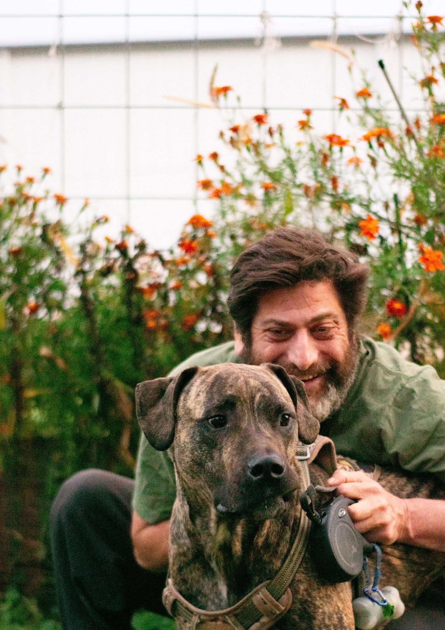 Smiling bearded man hugging a brindle dog in a garden with orange flowers in the background.