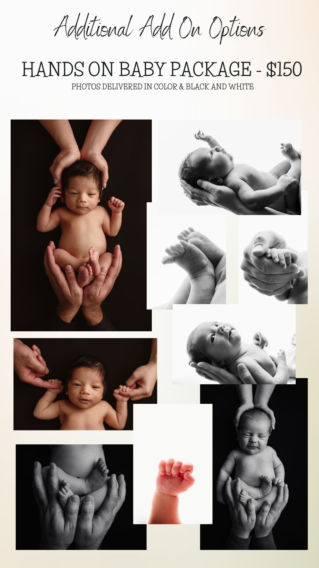 Newborn baby wrapped photography options showing flokati, colored box, and traditional basket styles with color choices listed.