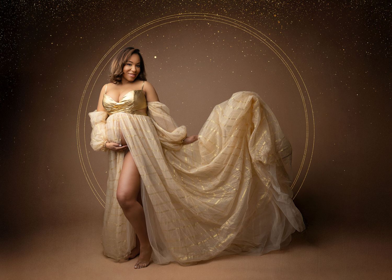 Gold godess dresses with pregnant mom in studio