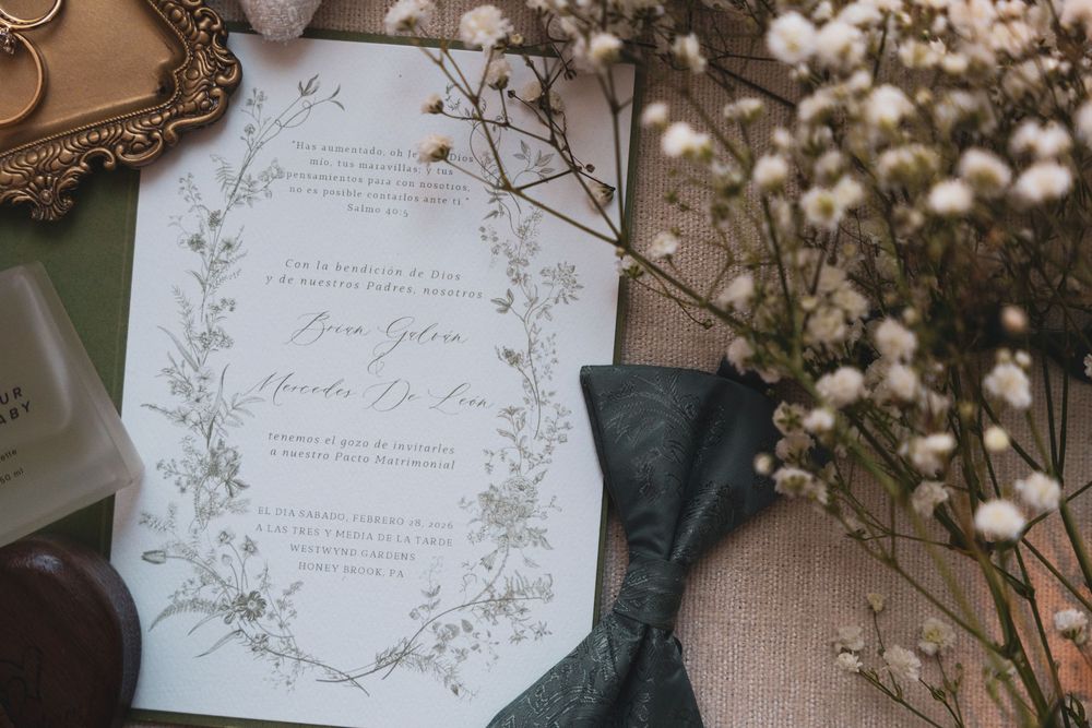 Detail shot of groom's bowtie and invitation, pennsylvania venue