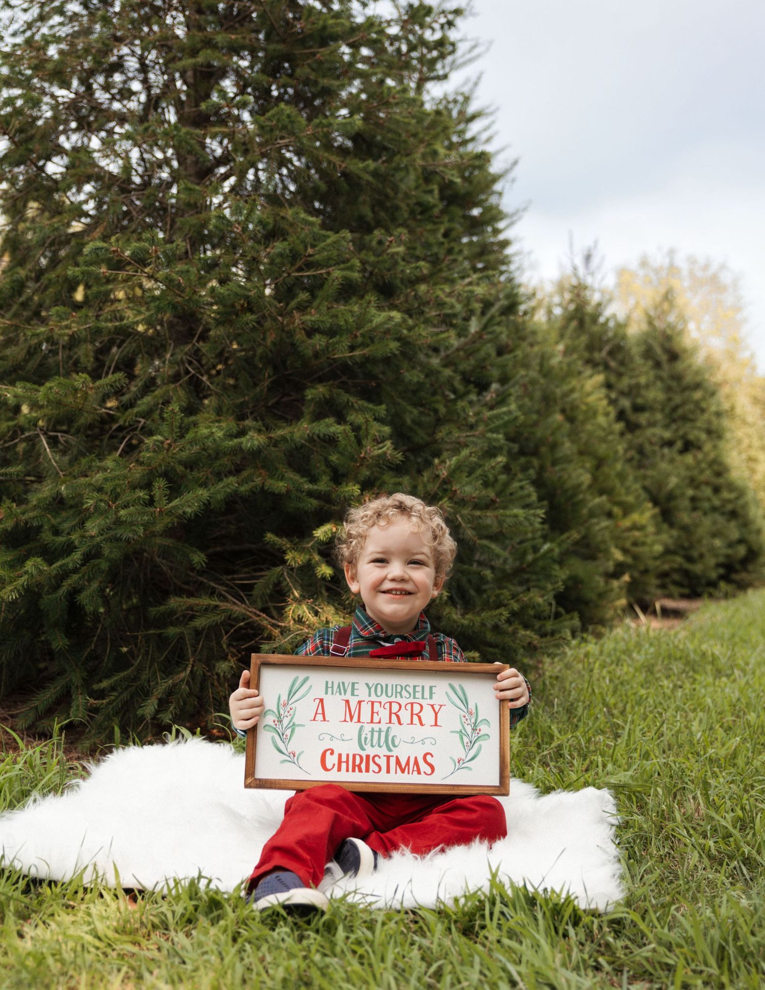 Young child sitting on white blanket at Christmas tree farm holding a Merry Christmas sign, smiling outdoors.