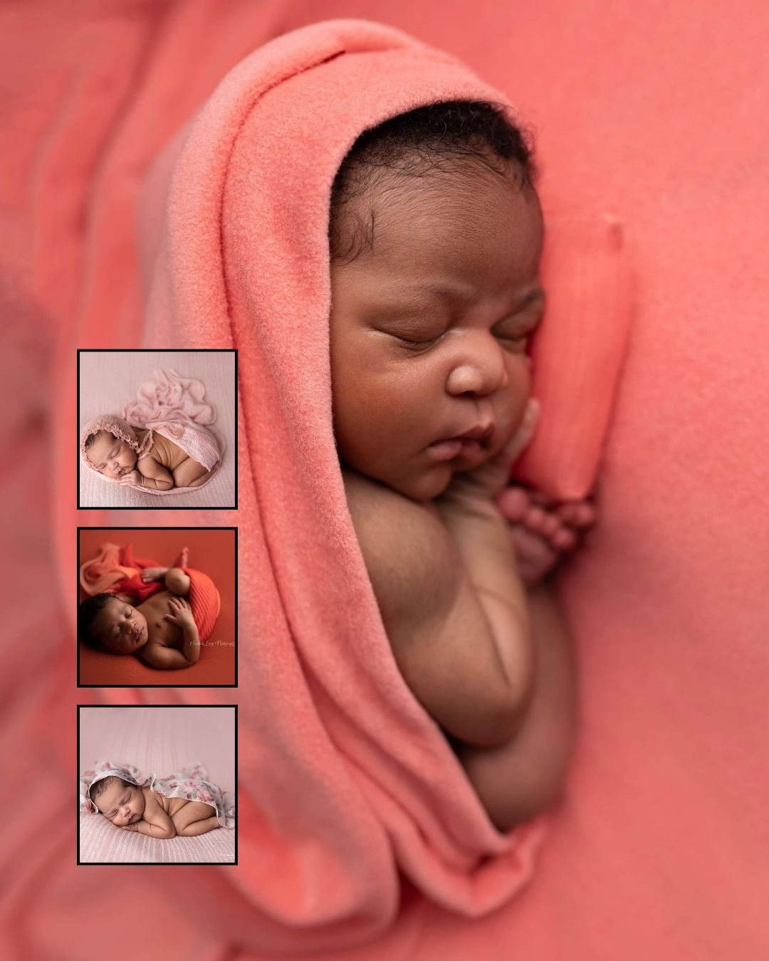 Newborn baby wrapped in coral pink blanket sleeping peacefully, with three smaller portrait inset photos on the left side.