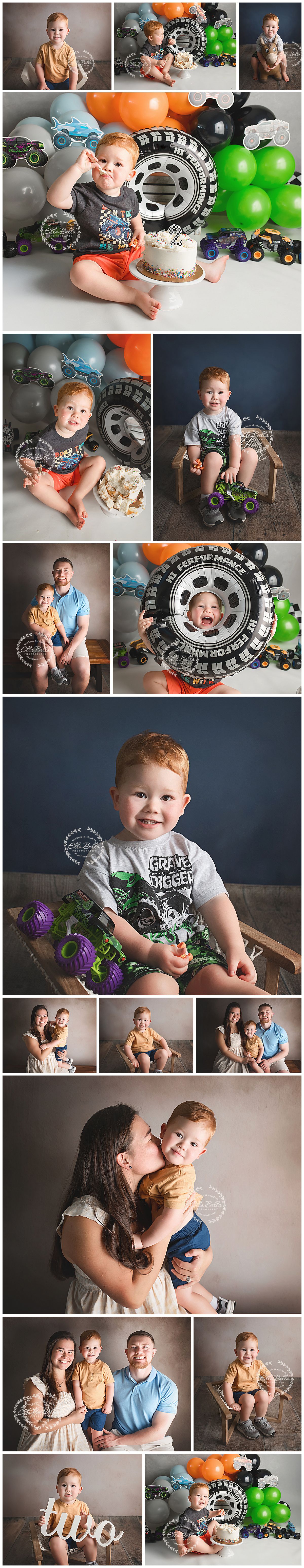 Toddler boy monster truck themed second birthday cake smash photo session with family, balloons, and Grave Digger decorations.