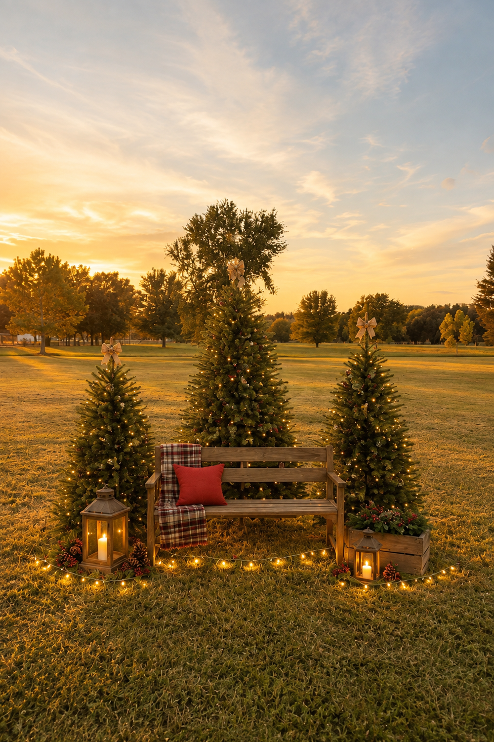 Outdoor Christmas vignette at sunset featuring three lit trees flanking a wooden bench with plaid blanket and red pillow, lanterns glowing.