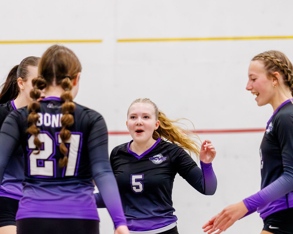 Female volleyball players in black and purple uniforms celebrating together on indoor court.