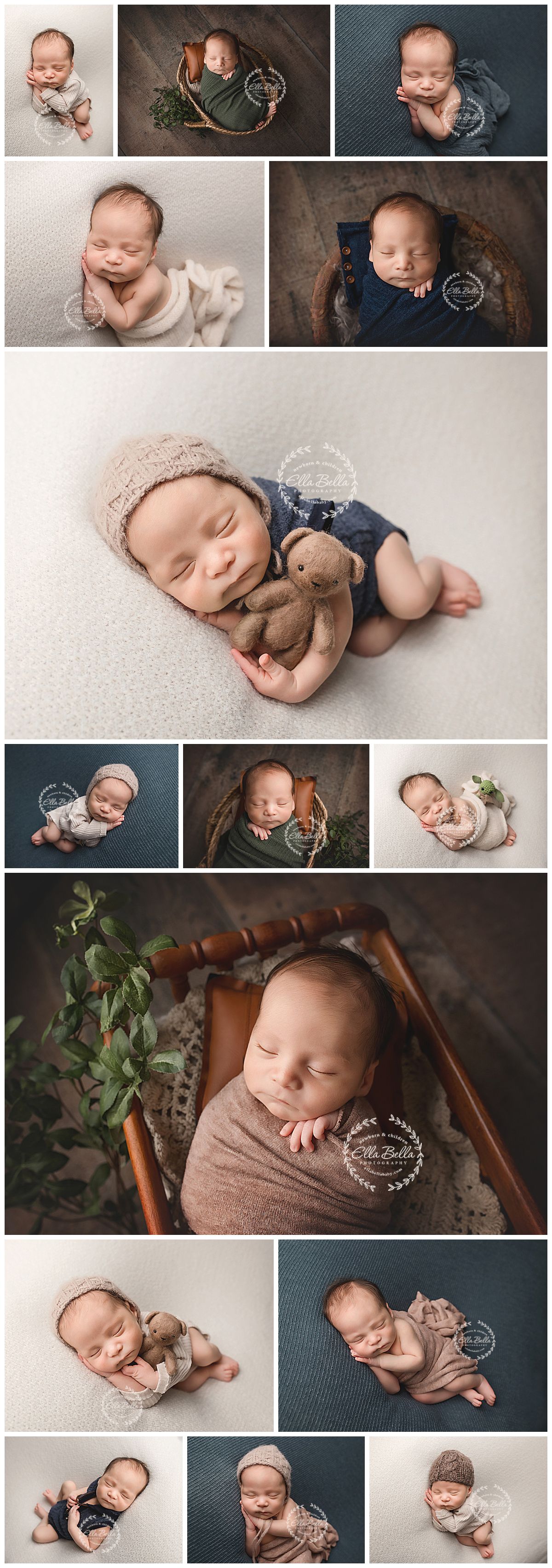 Newborn baby boy photo collage featuring peaceful sleeping poses with soft wraps, bonnet, teddy bear, and natural props.