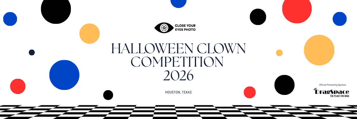 Halloween Clown Competition 2026 banner with colorful dots, black and white stripes, and bold typography on white background.