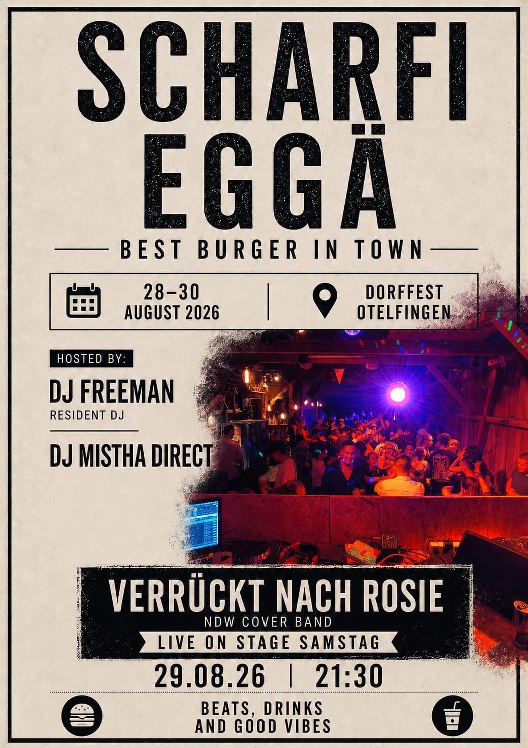 Scharfi Egga burger festival event poster for Dorffest Otelfingen August 28-30 2026.