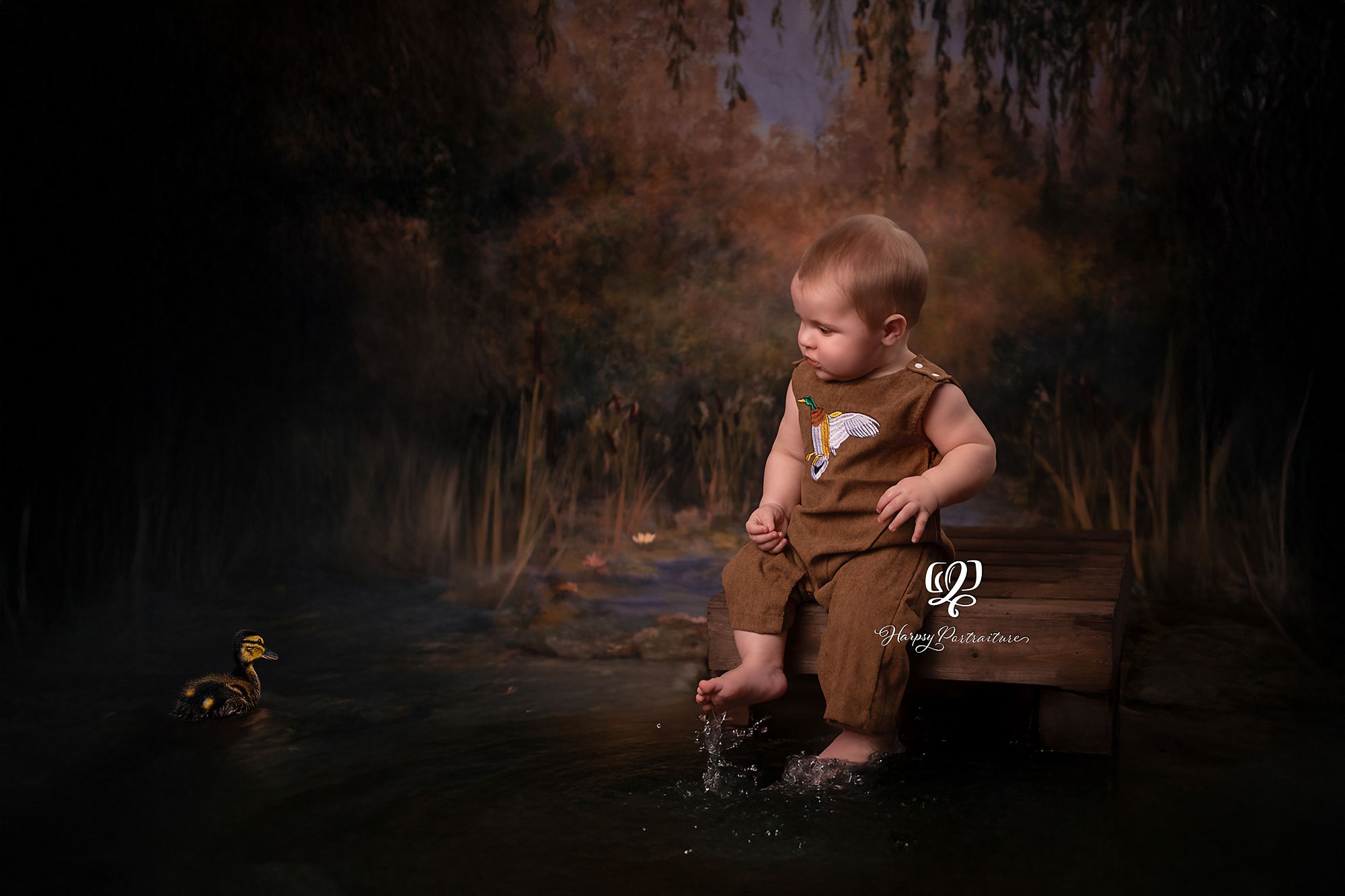 Fine art painterly photo baby posed on small dock gazing at a duckling in studio sitter photoshoot; wearing overalls with scenic backdrop