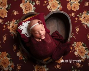 Lexington, SC professional newborn photography studio; newborn baby girl with garnet wrap posed in heart bowl on floral backdrop