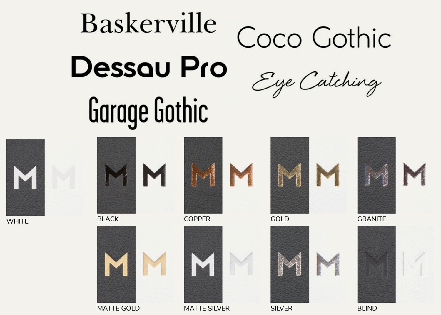 Font sample sheet displaying different M logos in various gothic and modern typefaces.