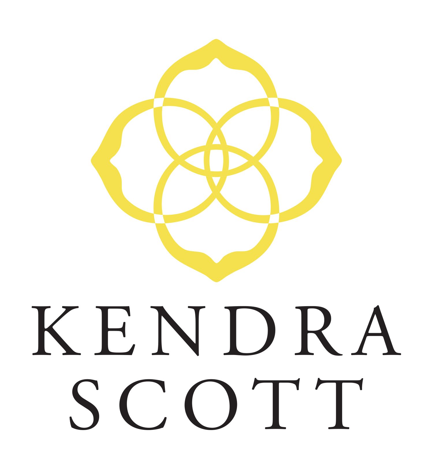 Yellow geometric flower logo design with Kendra Scott brand name in black text below.