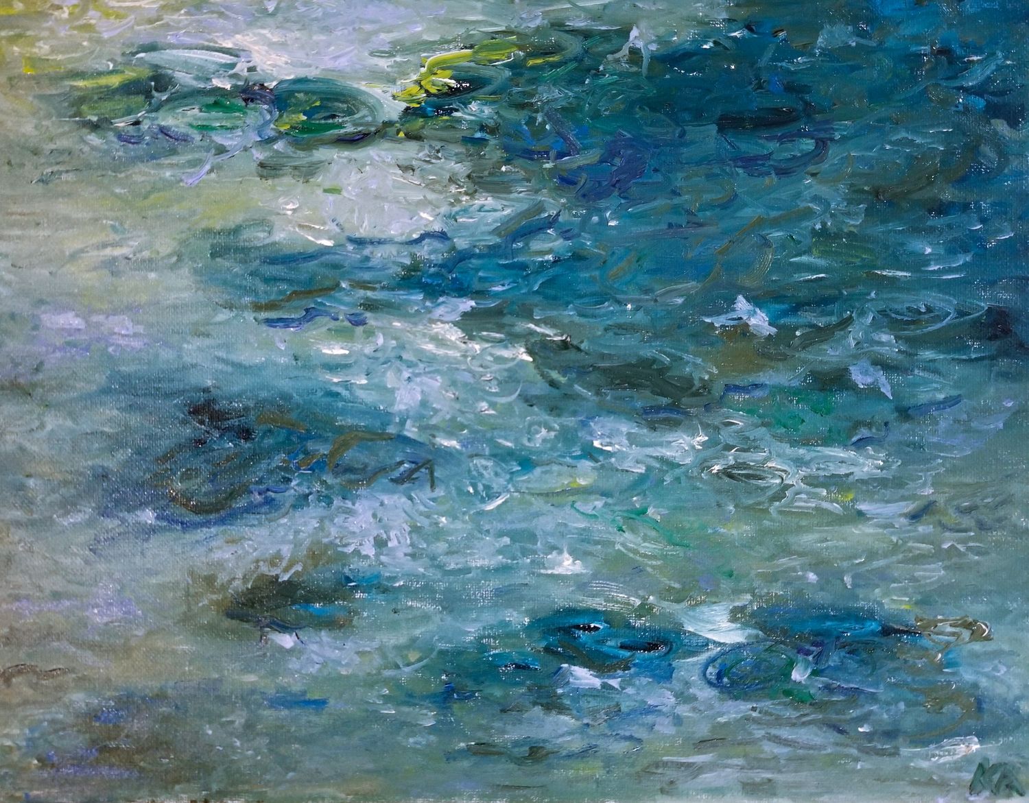 An impressionistic oil painting of water lilies on a pond with swirling blue and green brushstrokes.