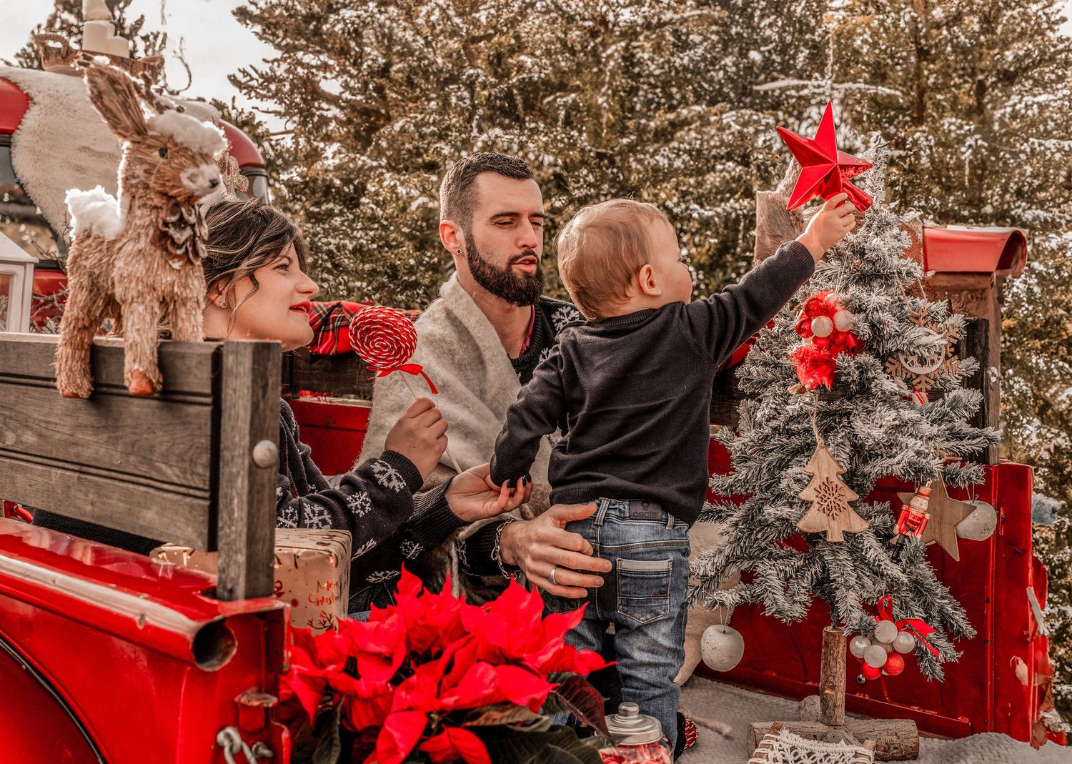 People in warm winter clothes gather around a festively decorated red vintage truck surrounded by Christmas trees.