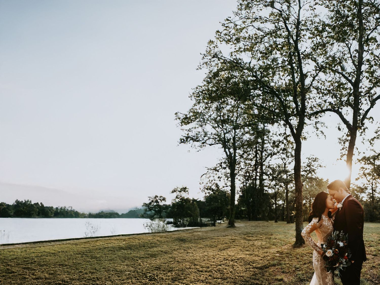 Editorial candid moment of bride and groom in Lake Dallas woods at sunset