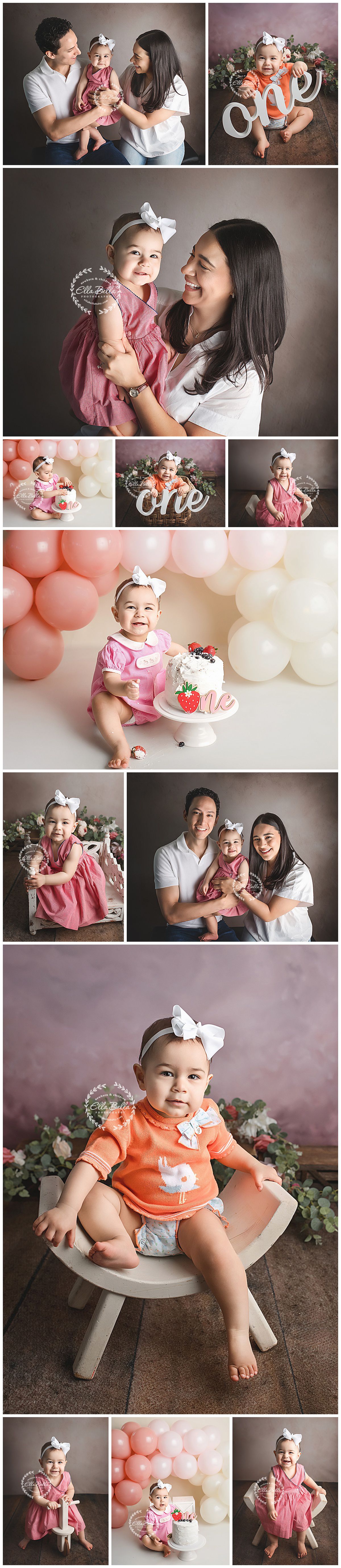 Heartwarming first birthday photoshoot featuring pink and coral tones, balloons, floral decor and a special cake smash celebration.