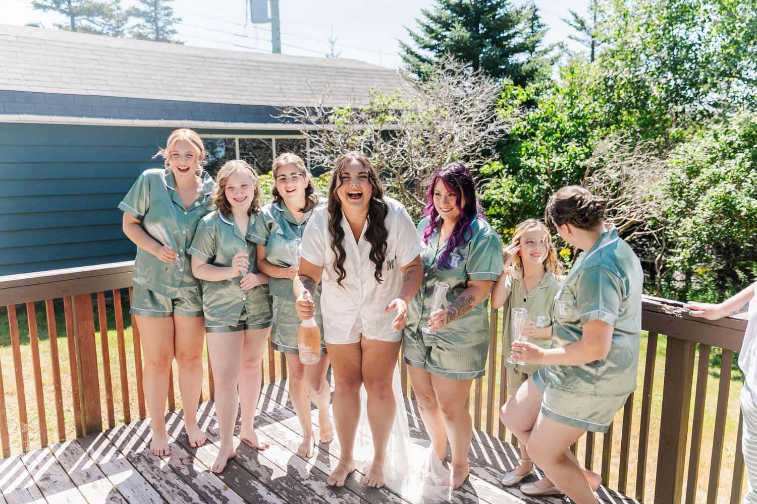 A collage of candid outdoor group photos at a summer celebration with people in light colored clothing.
