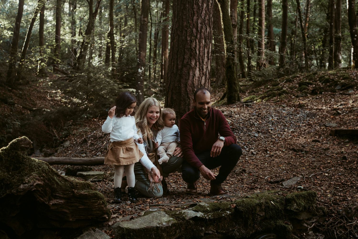 Family photo session in a moody forest setting with beautiful natural lighting filtering through trees.