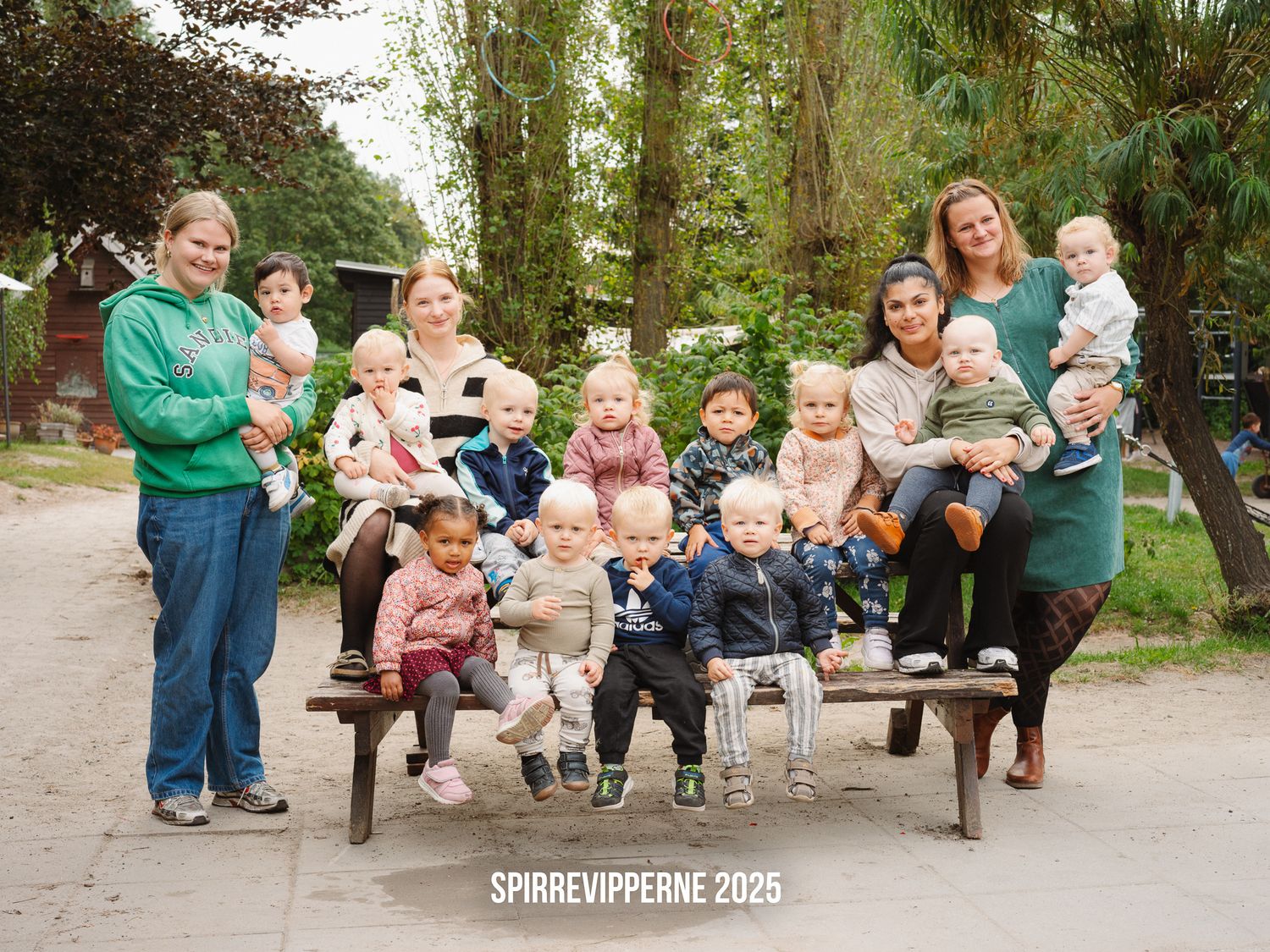 A series of outdoor group photos showing people sitting and interacting on benches in a park-like setting.