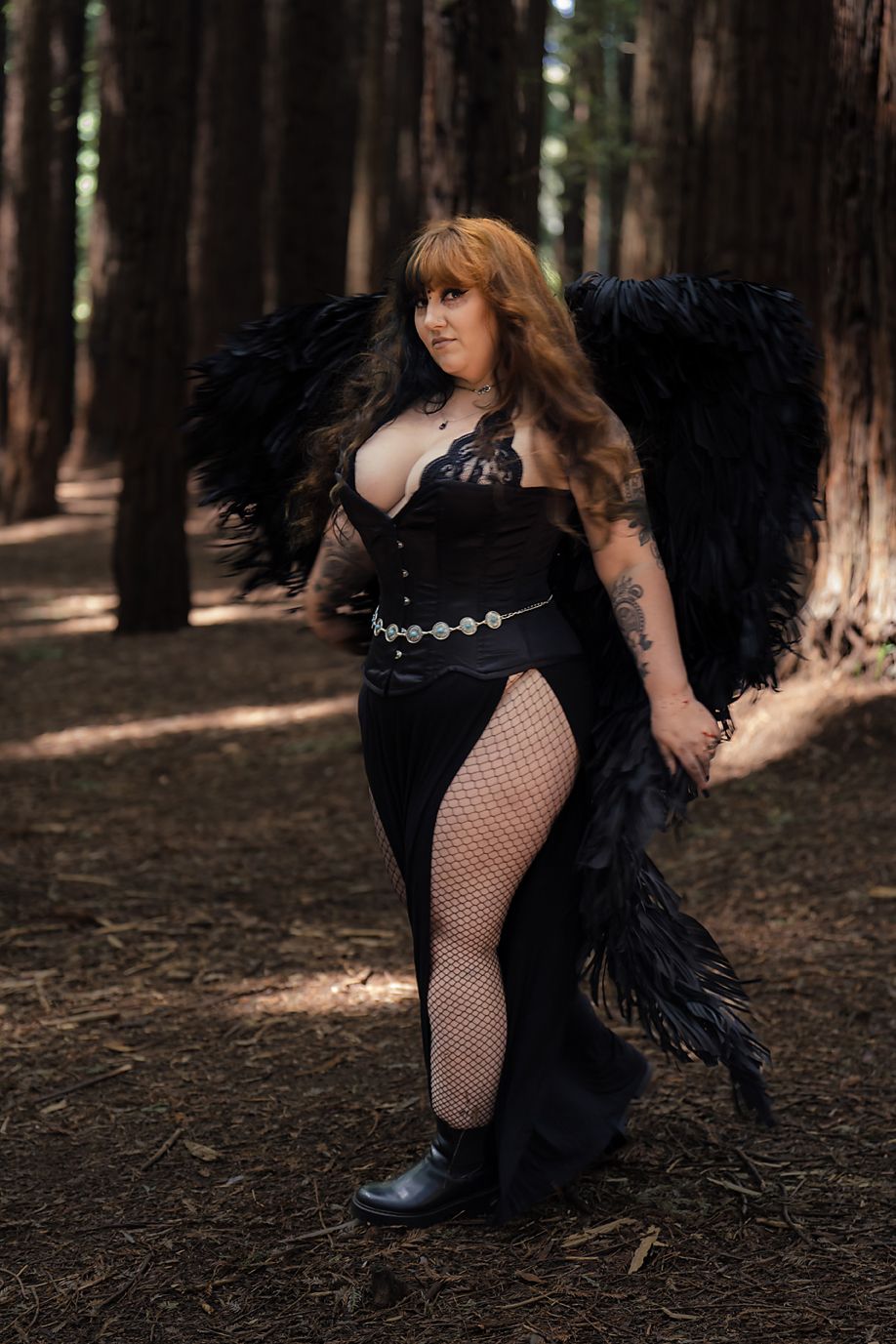 A series of artistic shots featuring black boots and fishnet stockings against a forest floor backdrop.