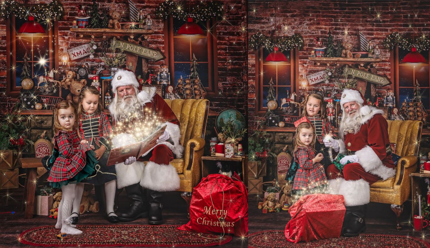 Magic of the holidays mini session with Santa Charles in festive workshop background at Valerie Kay Photography Studio Austin.