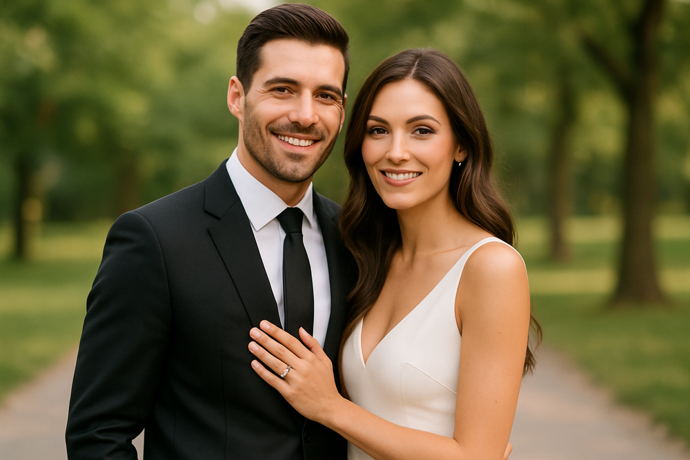 An Austin couple in formal wedding attire smile together in a sunlit park setting.