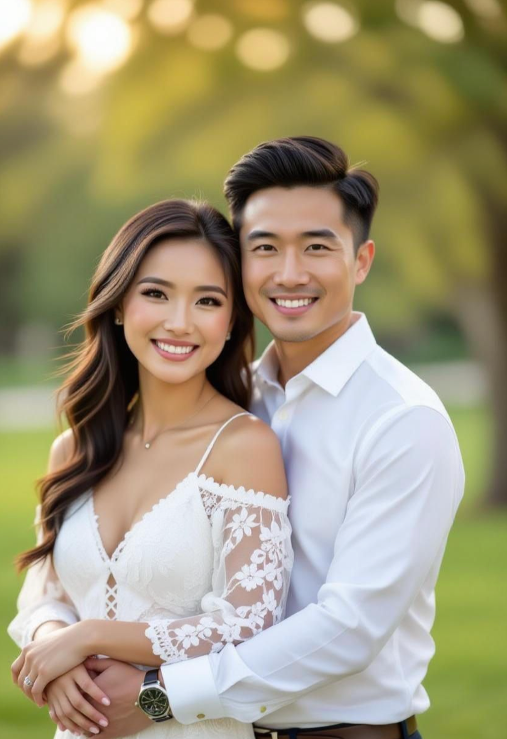 A newly engaged Austin couple poses together outdoors for engagement photos in a park with soft natural lighting and bokeh effects.