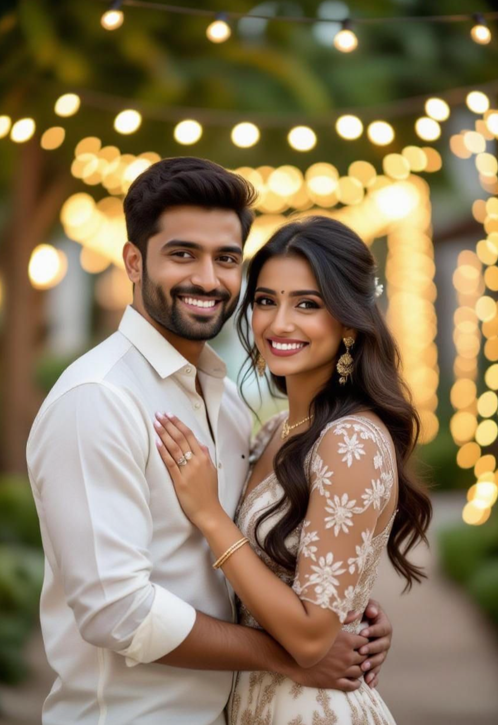 An engaged Austin couple shares romantic moments outdoors with glowing string lights in the background creating a magical ambiance.