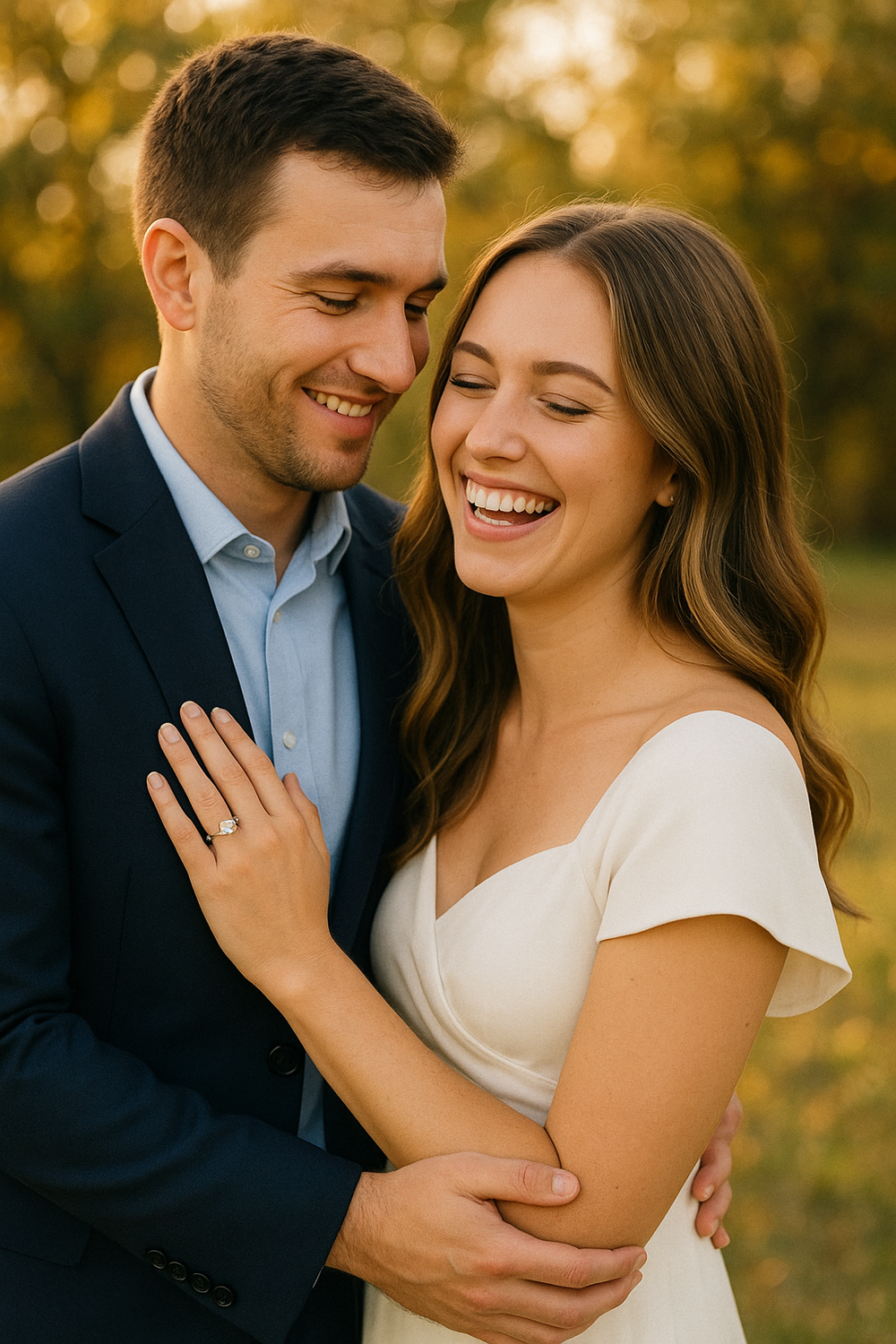 Happy Austin couple embraces outdoors during sunset golden hour engagement photo session in warm glowing light.