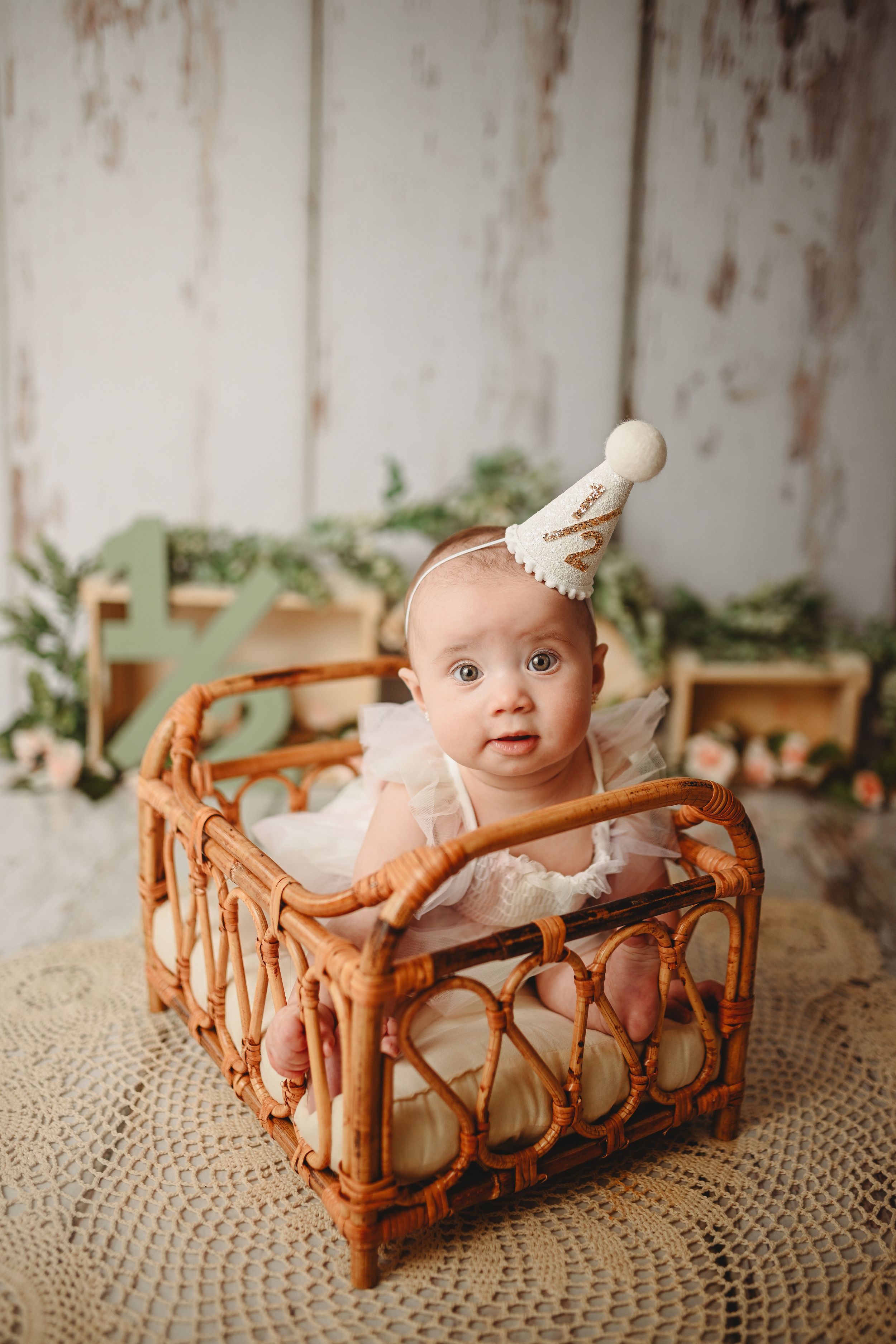 Baby lying in vintage wicker bassinet against rustic white backdrop with greenery.