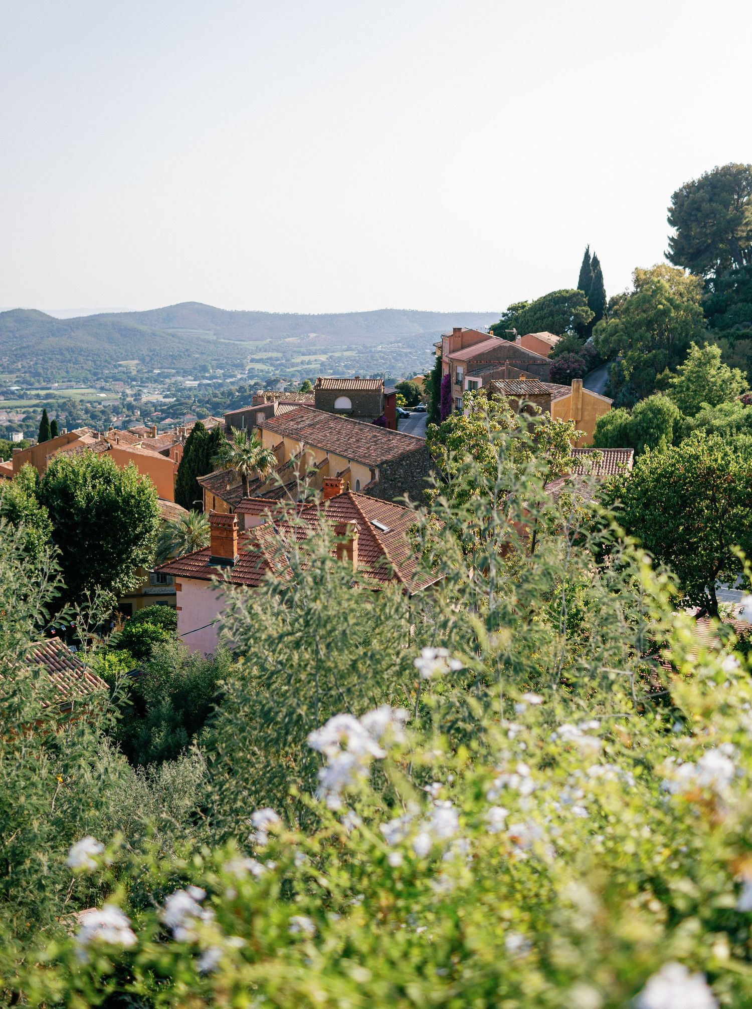 A panoramic view of a Mediterranean hillside town with terracotta roofs nestled among olive trees and greenery.