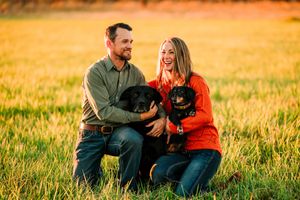 Couple sitting with their black dog in a golden field during sunset.