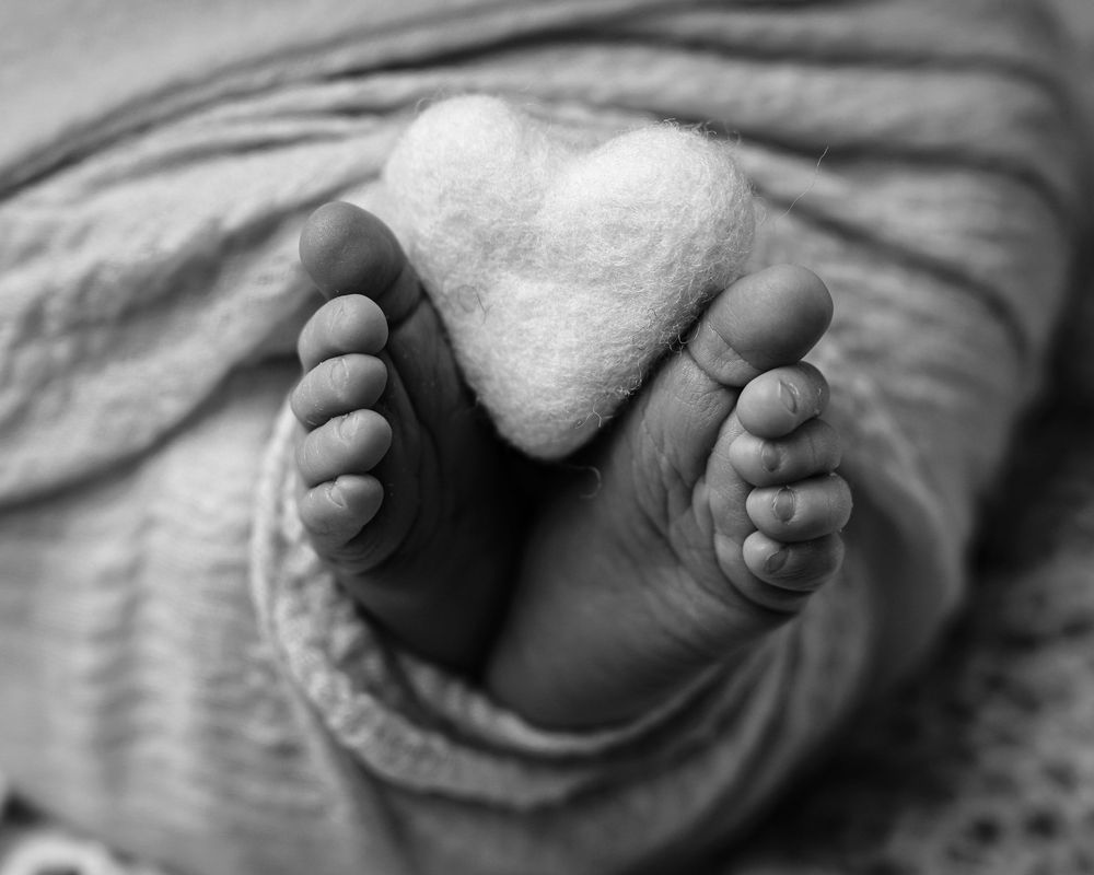 Black and white close-up of tiny newborn feet wrapped in soft blanket.