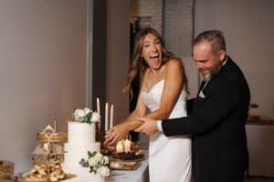 A series of candid wedding cake cutting moments showing the newlyweds sharing laughter and joy.