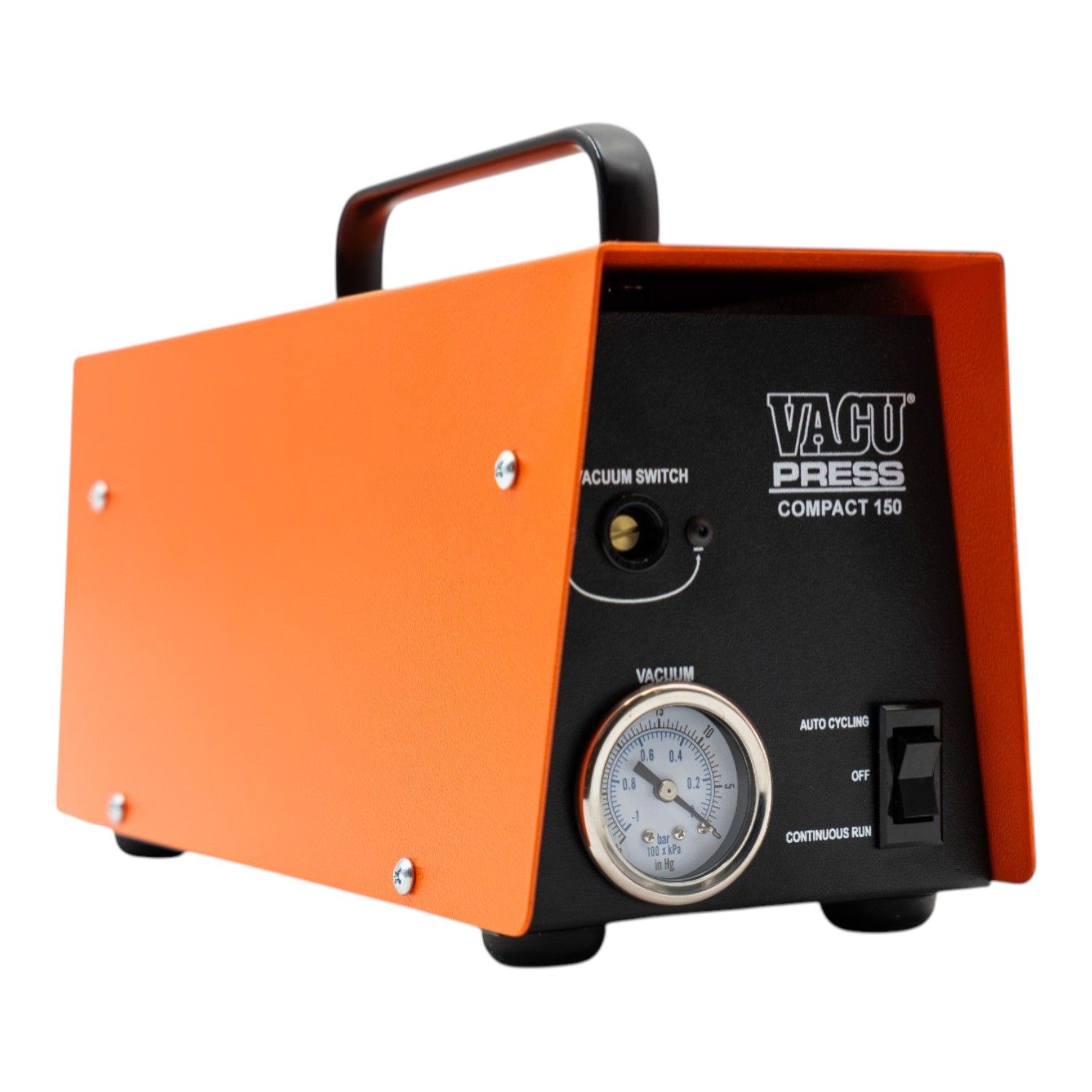 Orange industrial vacuum pump units with pressure gauges and black control panels mounted in durable metal housings.