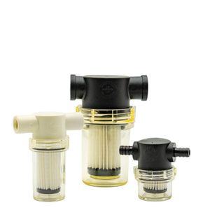 Three clear inline water filters in different sizes with black and beige plastic housings and visible filter elements inside.