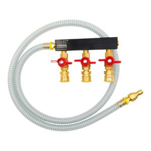 Professional-grade white vacuum hoses with brass fittings and red connectors for industrial equipment.
