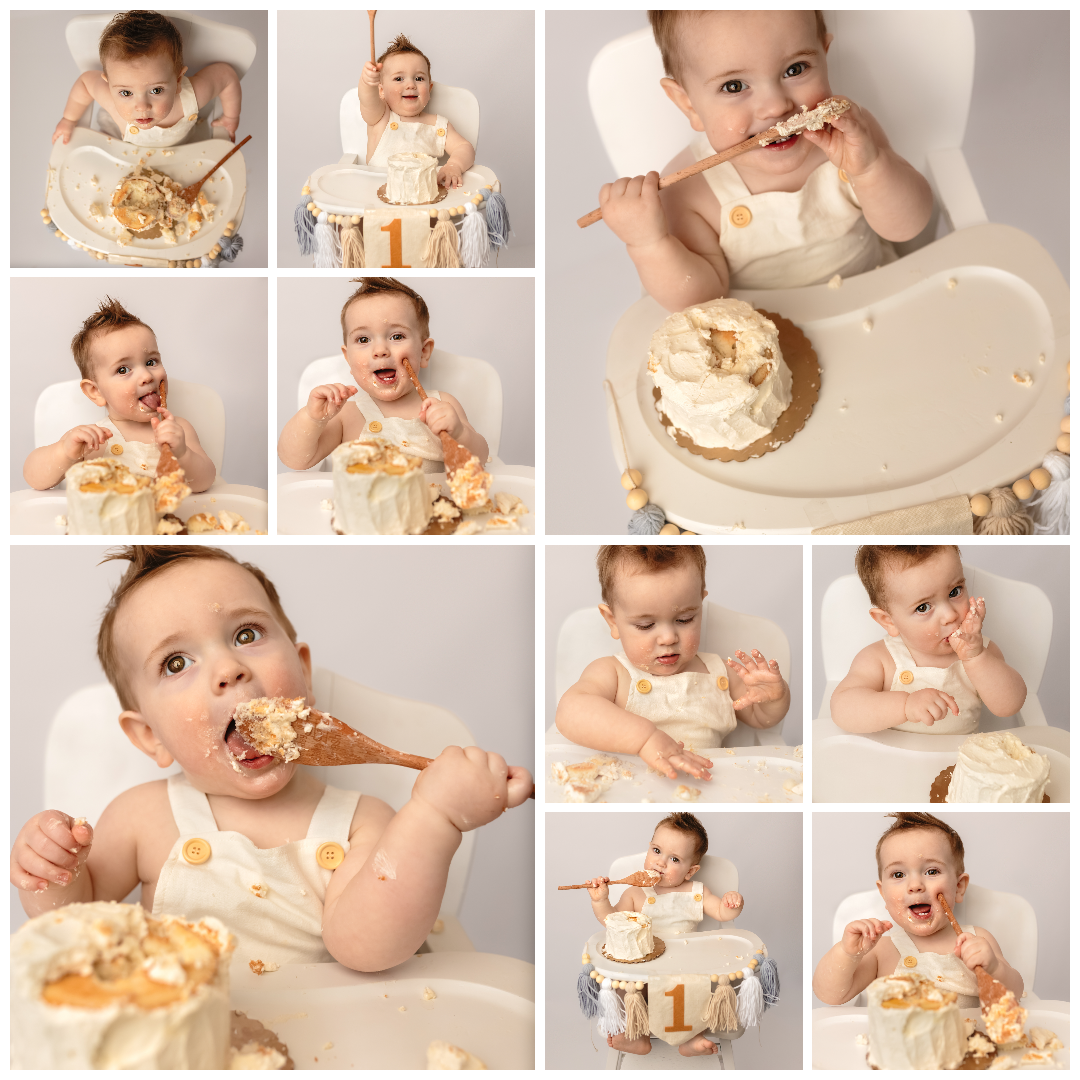 Baby boy makes a mess with cake in his warm white, boho-inspired cake smash in Charlottesville, Virginia newborn studio.