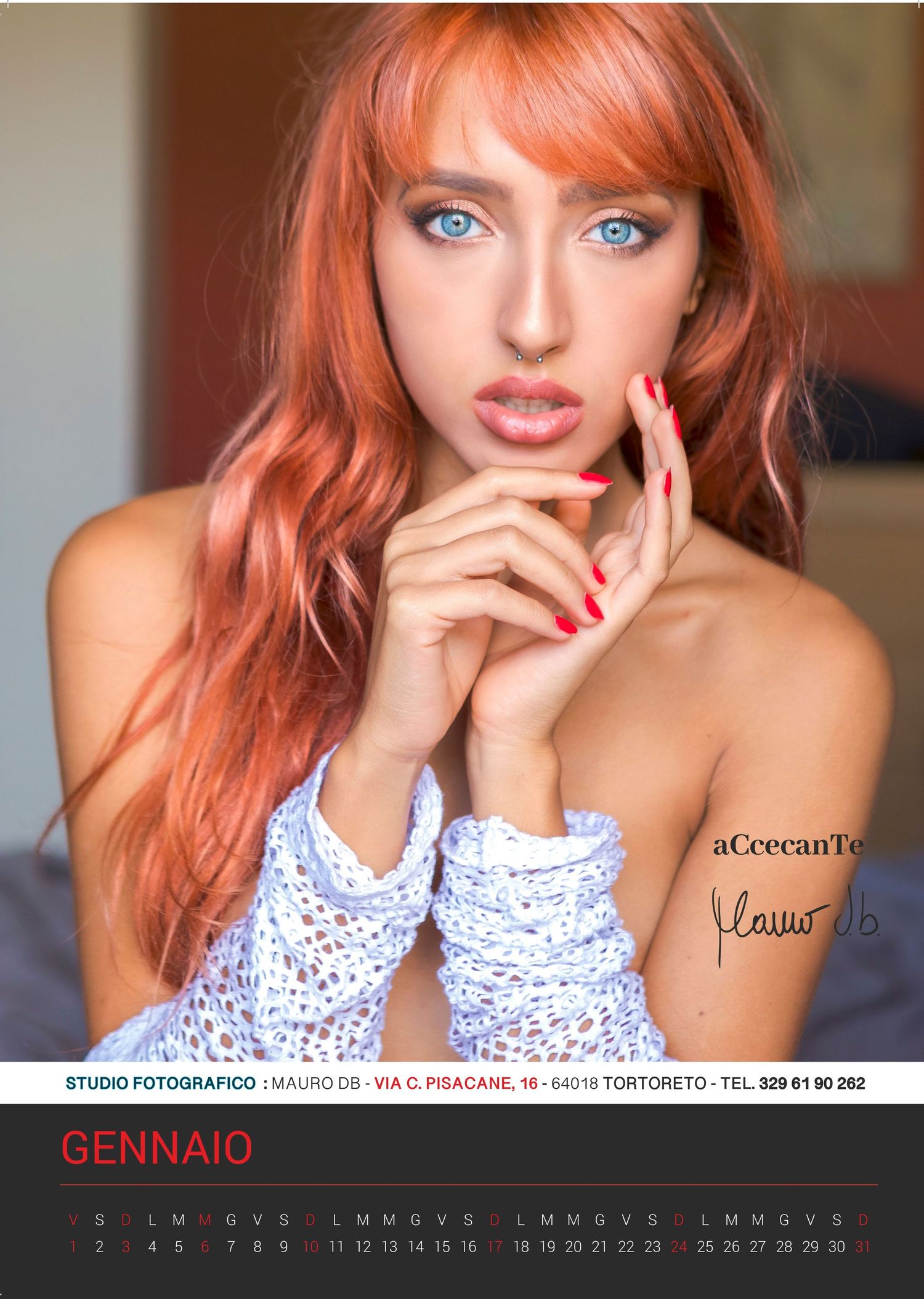 Fashion portrait calendar photo featuring lace details and bright colors for January.